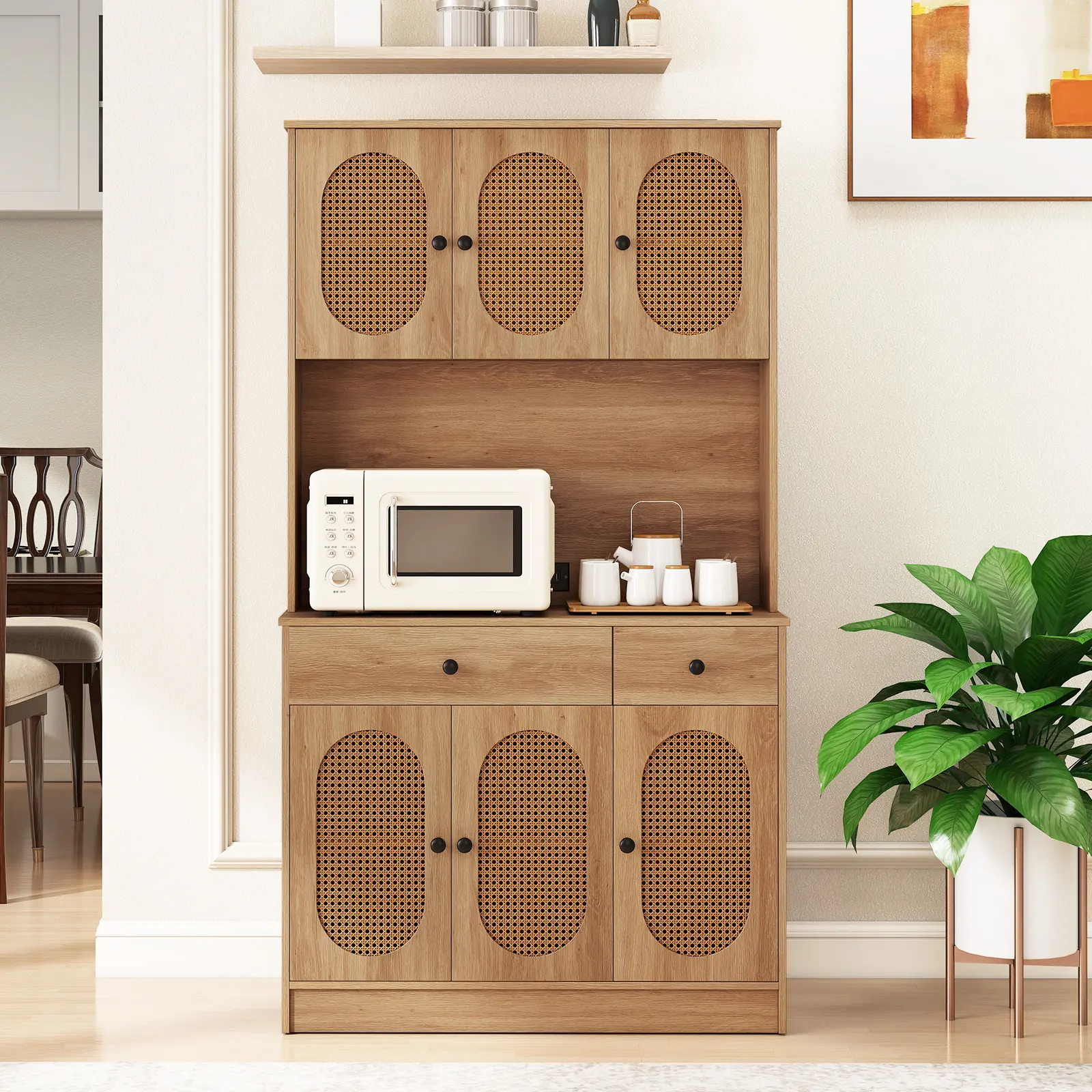 COSTWAY - 71 Inches Pantry Cabinet with Hutch and Charging Station-Natural