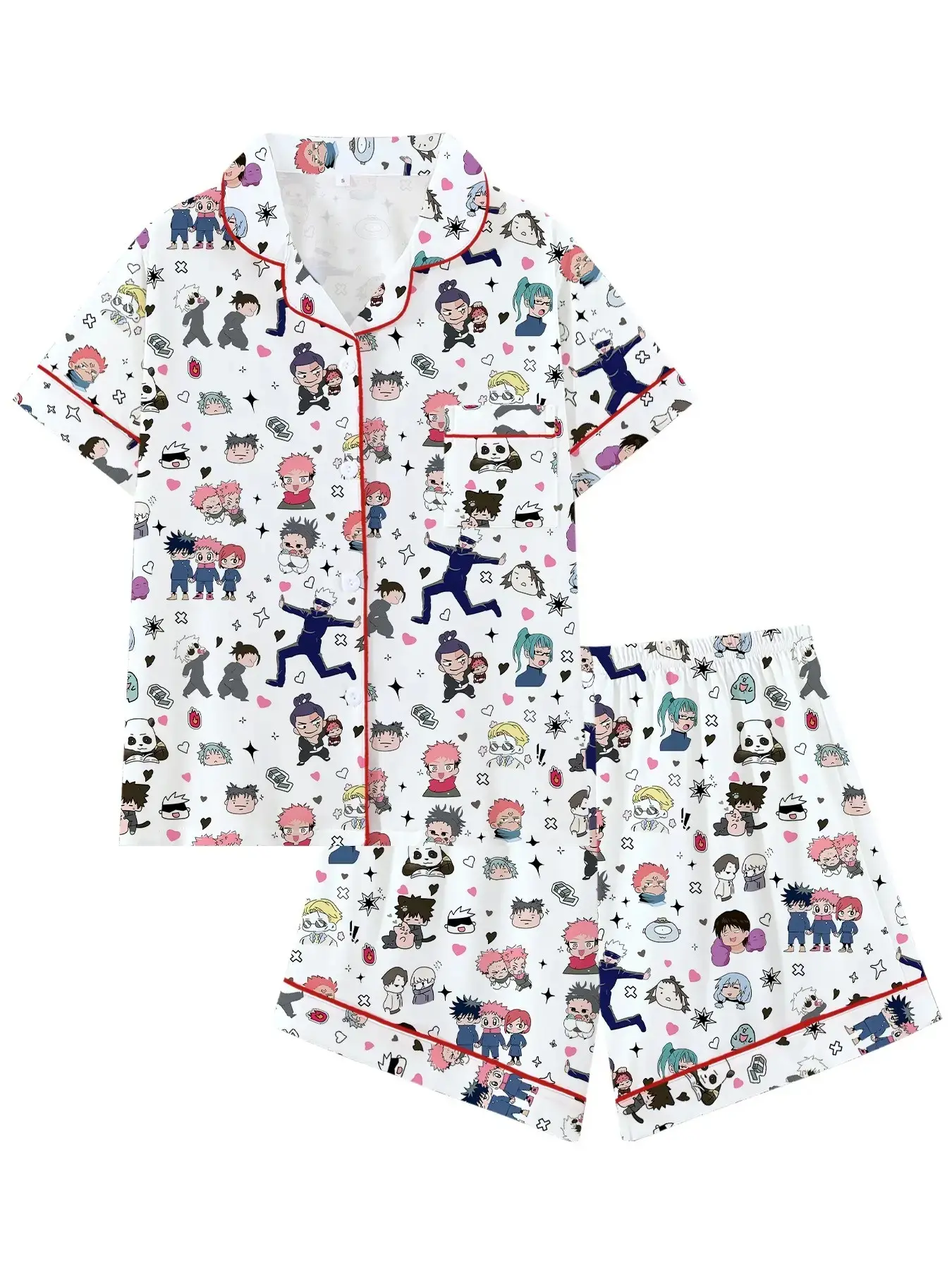Cute Otaku Anime Pajama Set, Dark Fantasy Japanese Graphic Sleepwear, Short Sleeve Lapel Top & Shorts, 2 Piece Lounge Set, Anime Fan Gift