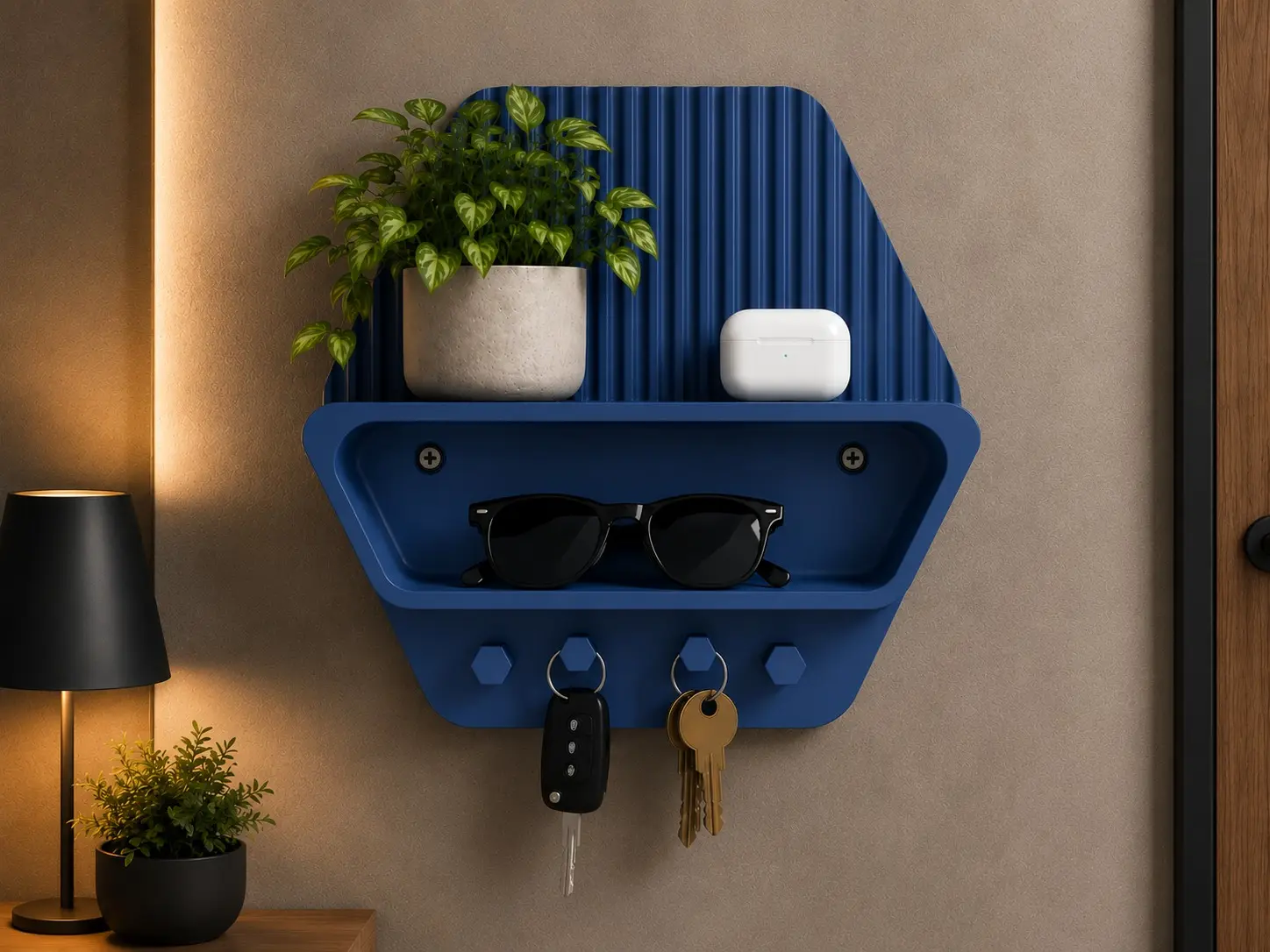 Modern Wall Key Holder with Shelf | Entryway Organizer | Mail & Sunglasses Shelf | Key Rack for Wall | Minimalist Home Decor | 3D Printed