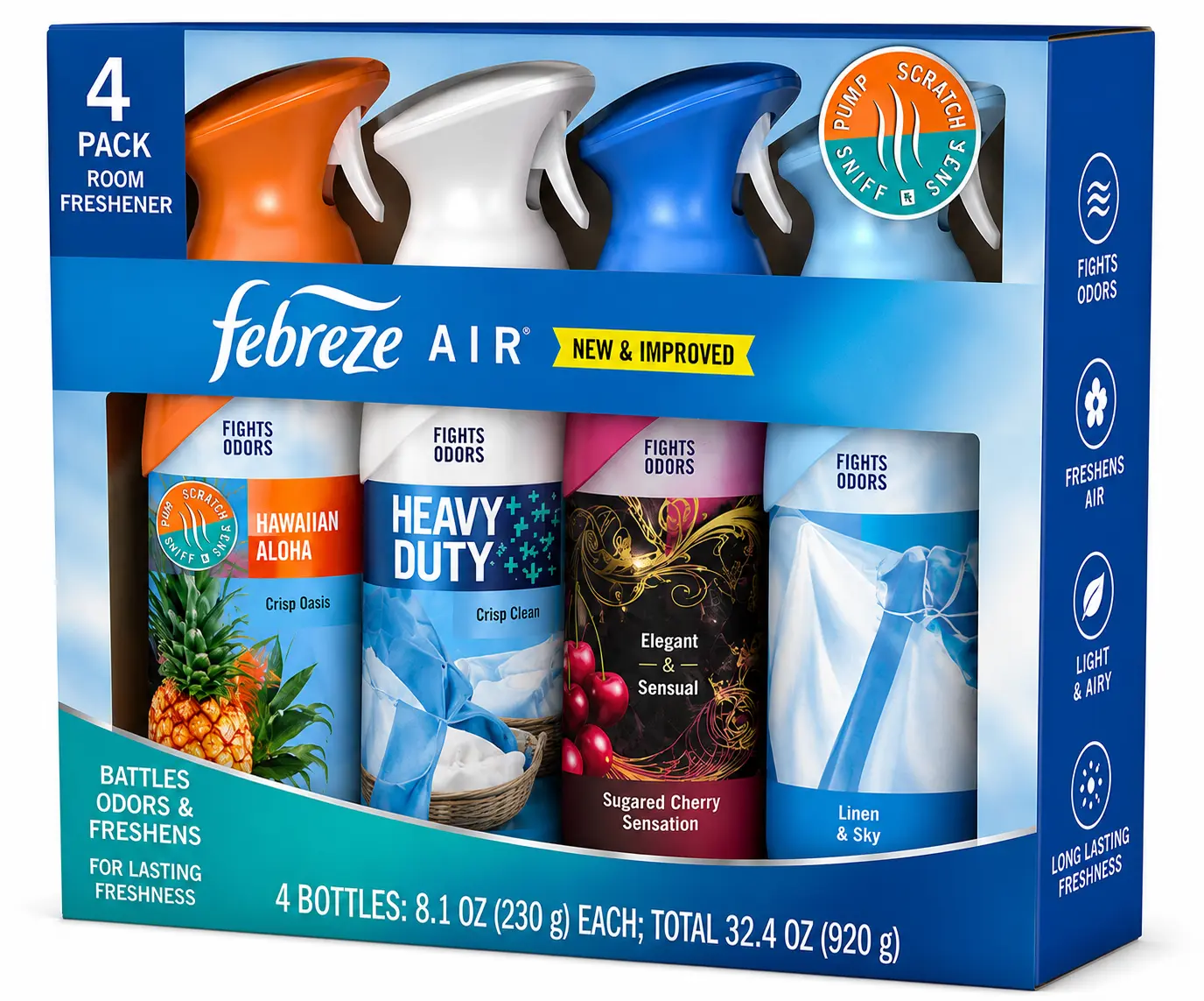 Febreze AIR Room Freshener Variety Pack, 4 Pack (4 x 8.1 oz Aerosol Cans) – Hawaiian Aloha, Heavy Duty Crisp Clean, Sugared Cherry Sensation & Linen & Sky