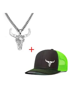 Unisex Bull Head Necklace & Baseball Cap Set, Casual Fitted Design, All-Season Wear, Ideal for Men & Women, Perfect for Daily, Trucker Hats, Mesh Baseball Cap