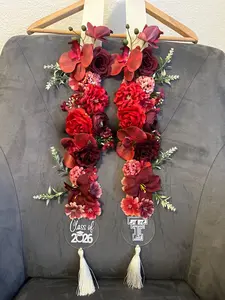Class of 2026 Graduation Flower Stole Custom Red and Maroon Floral Sash for High School and College Seniors, Premium Handmade Faux Rose and Orchid Silk Flower Lei, Unique Graduation Gift and Photo Prop