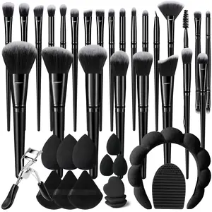 40pcs Makeup Brush And Makeup Sponge Tool Full Set Combination Kit.Includes 25pcs Makeup Brush 3pcs Makeup Sponges 3pcs Makeup Puff Sponge Triangle 3pcs Mini Makeup Sponge 1pc Makeup Brush Cleaner Bowl 3pcs Finger Puff 1pc Headbands 1pc Eyelash Curler, Co