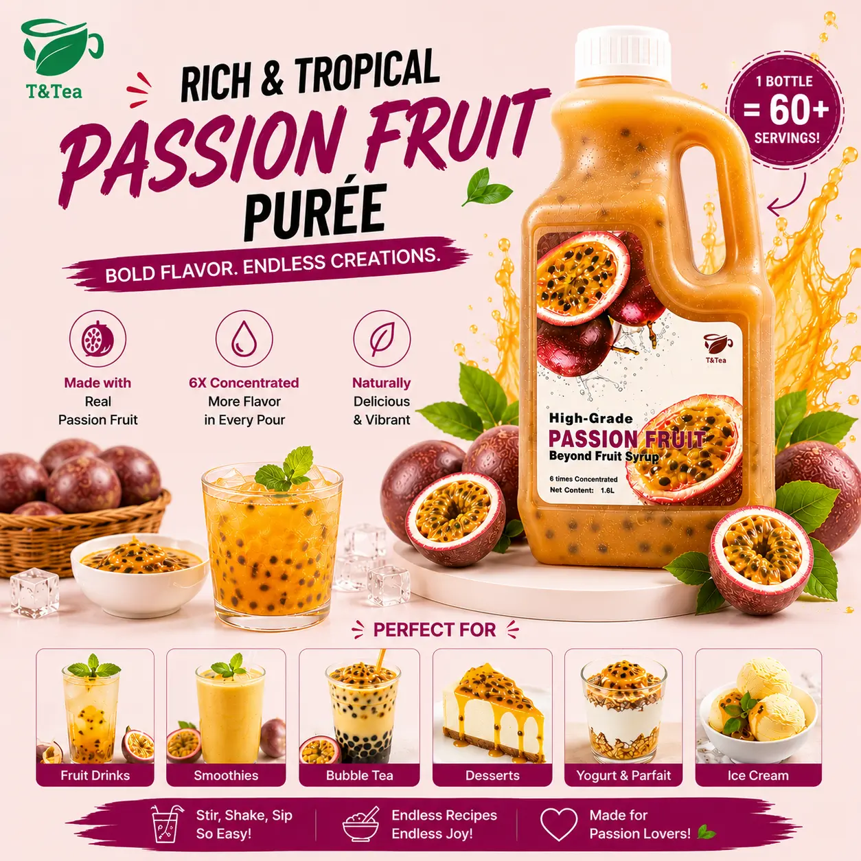 T&Tea High-Grade Passionfruit Purée 1.6L | 6X Concentrated Fruit Purée for Lemonade, Smoothies, Milk Tea, Mocktails & Desserts