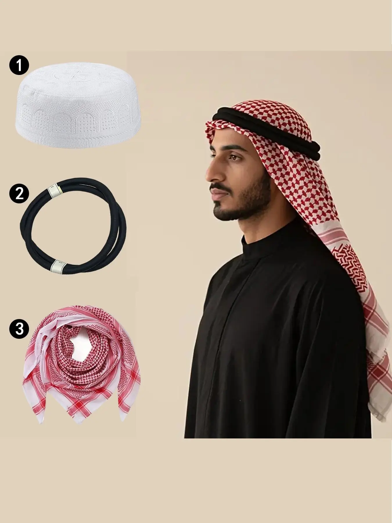 Arabian Ethnic Fashion Headscarf Shawl Set with Hat and Headband, Traditional Middle Eastern Keffiyeh for Men, Loose-Fitting All-Seasons Wear, Ethnic Pattern, Headscarf Cap Set
