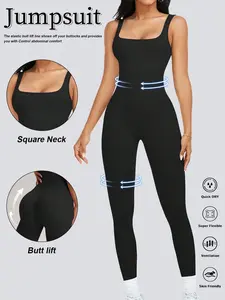 Womens Workout Rompers Sportswear Jumpsuits Seamless Ribbed Yoga Gym One Piece Sleeveless Square Neck Tank Top Leggings Unitard