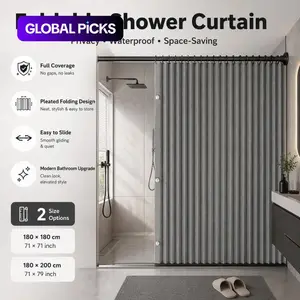 Foldable shower curtain, grey with a fashionable theme, available in various sizes. Features a double-sided magnetic hook design, providing all-round comfort for the bathroom, including hooks and magnetic hook ties. Reinforced stitching #GLOBAL PICKS