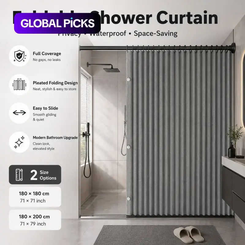 Foldable Grey Shower Curtain, Fashionable Design in Various Sizes, Double-Sided Magnetic Hook Curtain with Hooks & Magnetic Tiebacks, Reinforced Stitching #GLOBAL PICKS