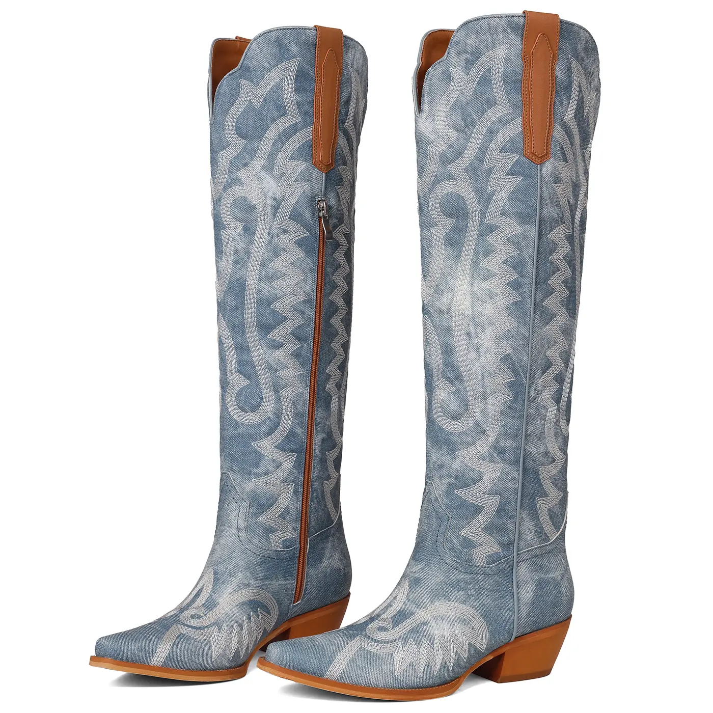 Women's Point-Toe Embroidered Western Cowboy Chunky Heels Boots Knee High Vintage Style Pointed Toe Cowgirl Boots with Intricate Pattern Side Zipper Boots for Casual Festival Daily Wear Fashionable Durable Footwear fall shoe shopping summerwins,summerwins