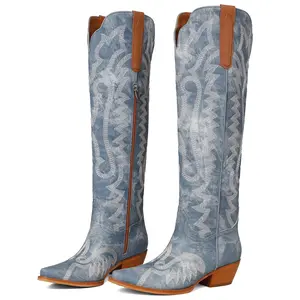 Women's Piont-Toe Embroidered Western Cowboy Chunky Heels Boots Knee High Vintage Style Pointed Toe Cowgirl Boots with Intricate Pattern Side Zipper Boots for Casual Festival Daily Wear Fashionable Durable Footwear fall shoe shopping
