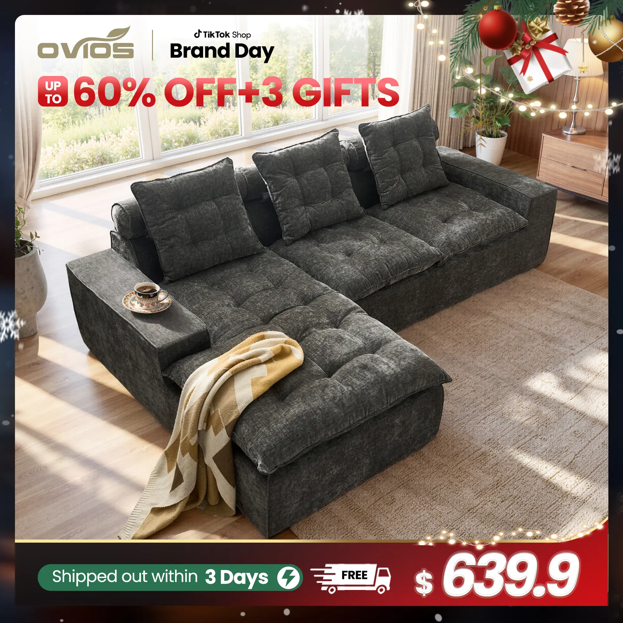 【2 Packages Shipping】Ovios 106" Modular Cloud Couch, Oversized Deep Seat Chenille Sectional Sofa with Chaise, No Assembly Convertible L-Shaped Couch for Living Room, Apartment & Home Theater, Ash Gray