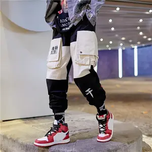 Fy821 Niepce Beige and Black Patchwork Streetwear Fashion Japanese Kanji Cargo Pants