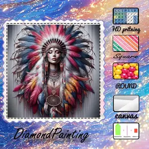 5D-DIY, premium velvet canvas, diamond art, diamond painting kit, feather headdress, AB diamonds, fairy dust diamonds, crystal diamonds, perfect home decoration, handmade diamond art painting kit, special handicraft diamond art kit, Handcraft