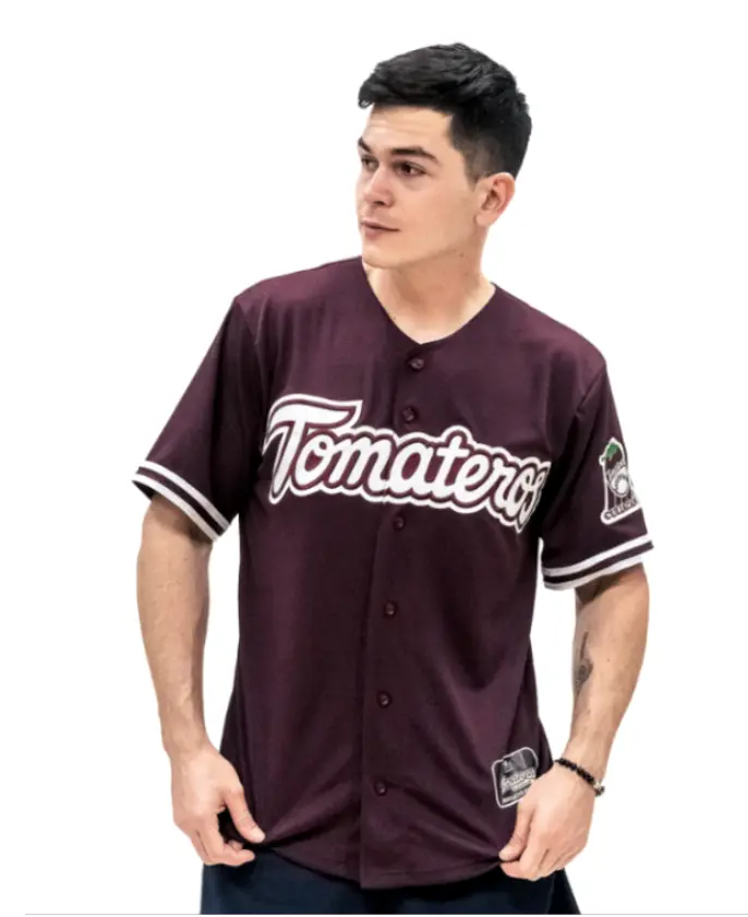 PLUM RED BASEBALL JERSEY WITH "TOMATEROS" PRINT