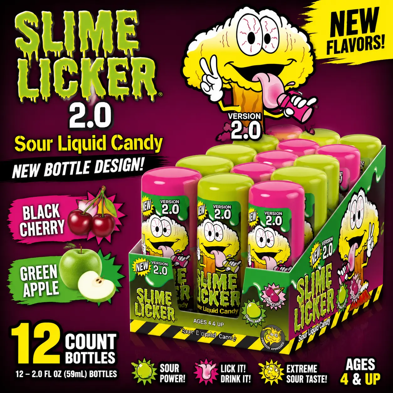 Slime Licker 2.0 Black Cherry & Green Apple Candy 12 Count  Sour Rolling Liquid Candy | Fun Interactive Treats for Parties & Gifts
