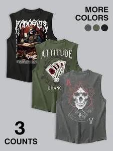 3-Pack Skeleton Poker & Skull King Graphic Muscle Tanks | Gothic Casino Streetwear Sleeveless Tops Set Athletic Tank Tops