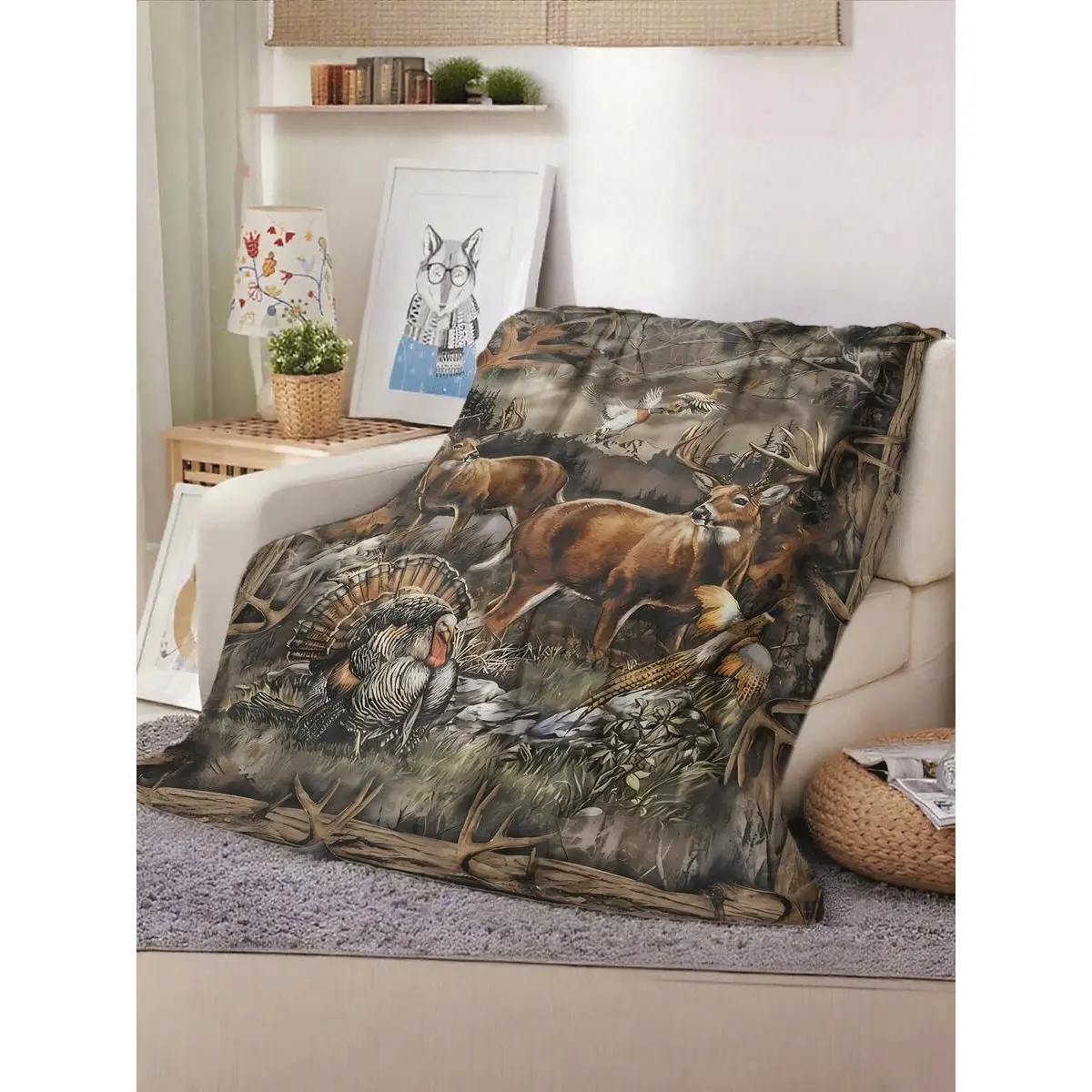 Premium Soft Flannel Blanket Throw - 280 GSM Fluffy Art Print Blanket, Cozy Warm Plush Textile with Vivid Wildlife Hunting Animal Artwork (Deer, Turkey, Duck) & Bird Motif Forest Camouflage Print for Couch, Bed Decor, Fluffy Blankets, Art Print Blankets