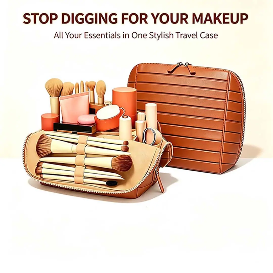 Women’s classic striped foldable makeup bag, leather makeup storage pouch, travel makeup bag with brush slots, secure zipper closure, large capacity, handheld design, easy to clean, suitable for travel and everyday use