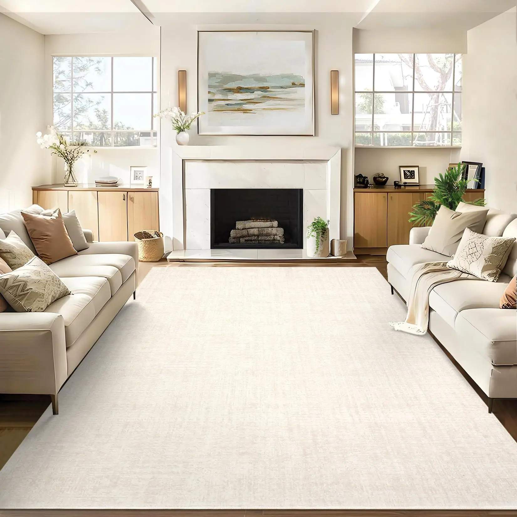 9x12 Rectangular Cream Neutral Modern Solid Indoor Decorative Rug - Machine Washable, Low Pile, Stain Resistant, Foldable Soft Velvet, Rubber Backing for Living Room, Bedroom, Home Office Furniture