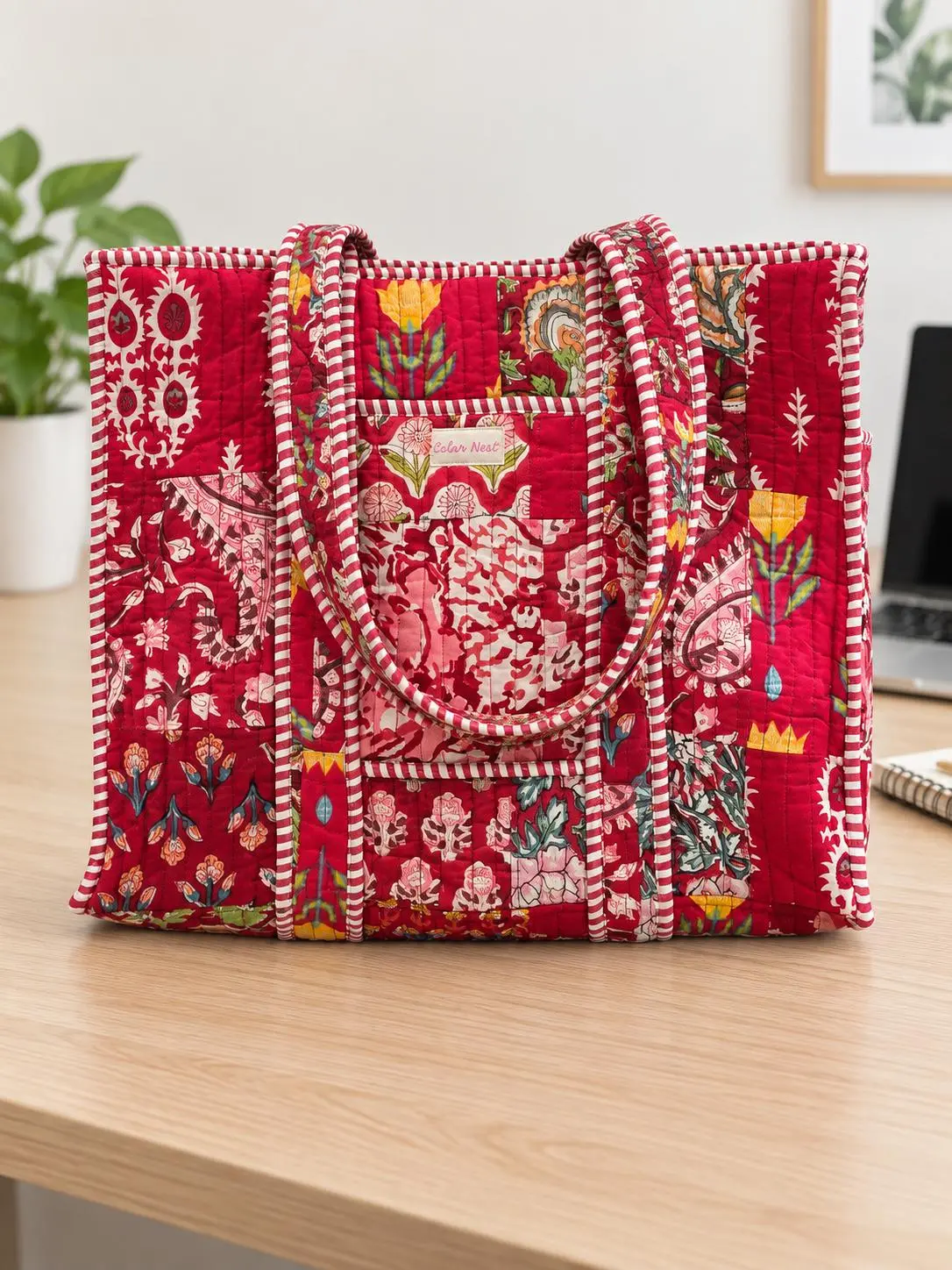 Quilted Patchwork Tote Bag | Floral Shoulder Bag, Cotton, Front Pocket
