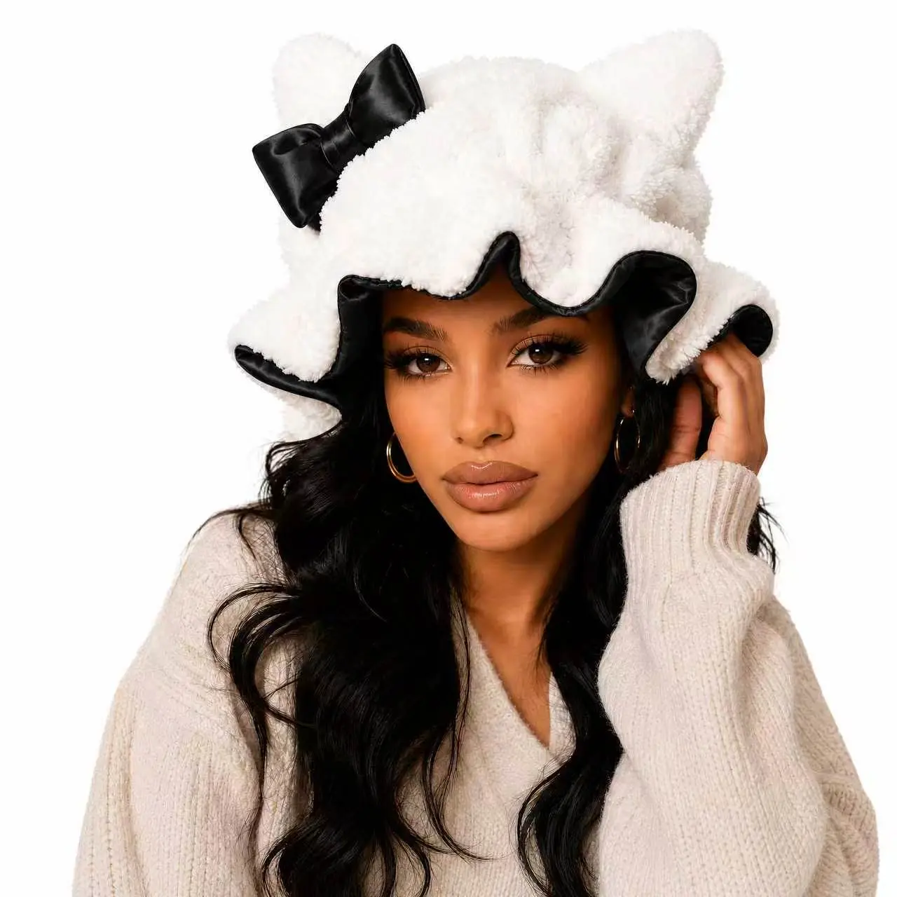 Satin Lined Sleep Bonnet for Women, Cat Plush Hair Bonnet, Silk Wrap for Curly & Braided Hair, Anti-Frizz Night Cap Hair Styling Cap Haircare