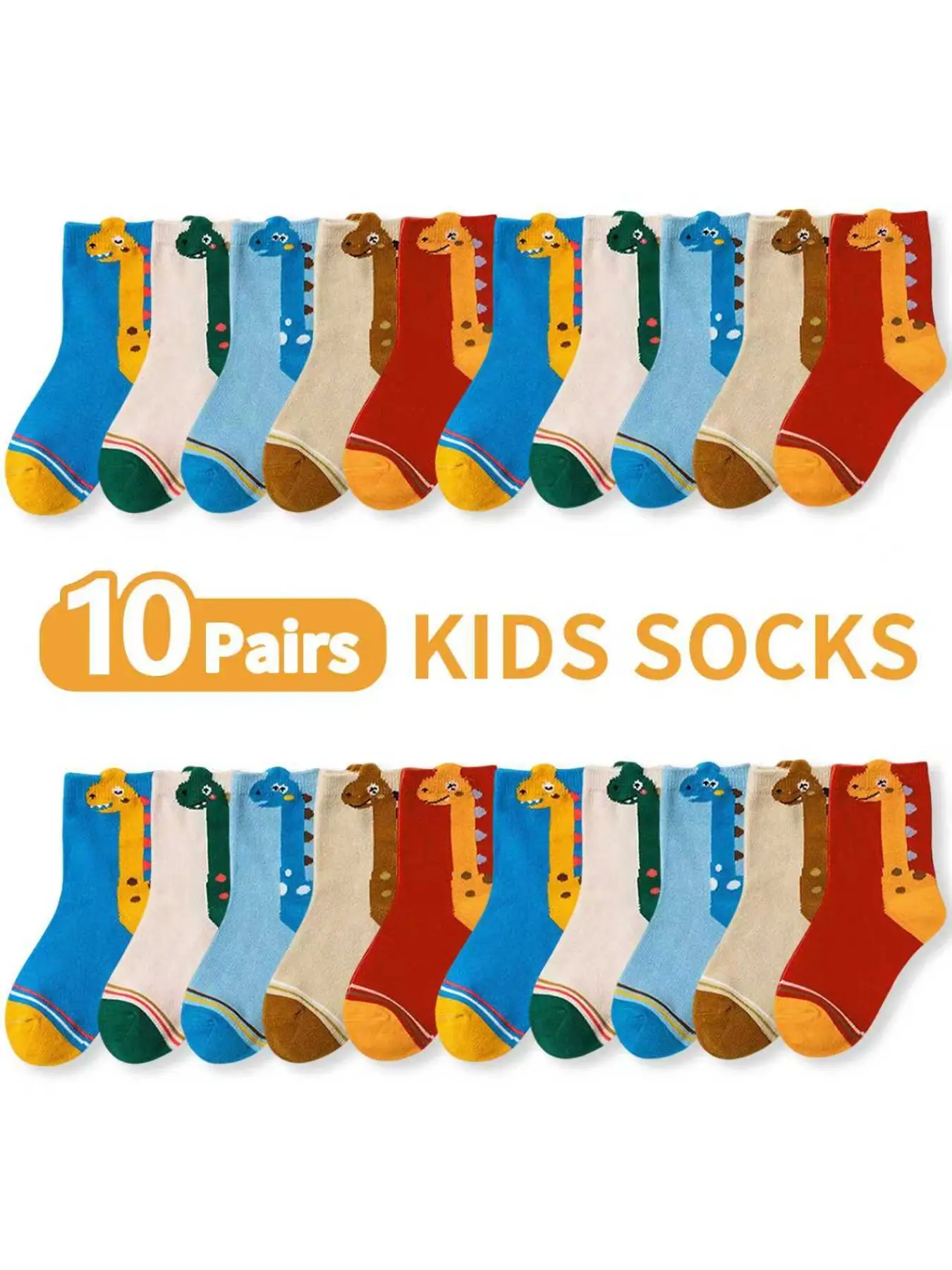 10 Pairs Kids Socks Youth Socks Spring Autumn Cartoon Dragon Dinosaur Animal Socks Mid-Calf Socks for Boys Girls, Casual Daily Wear All Seasons, Casual Fashion Stylish Socks