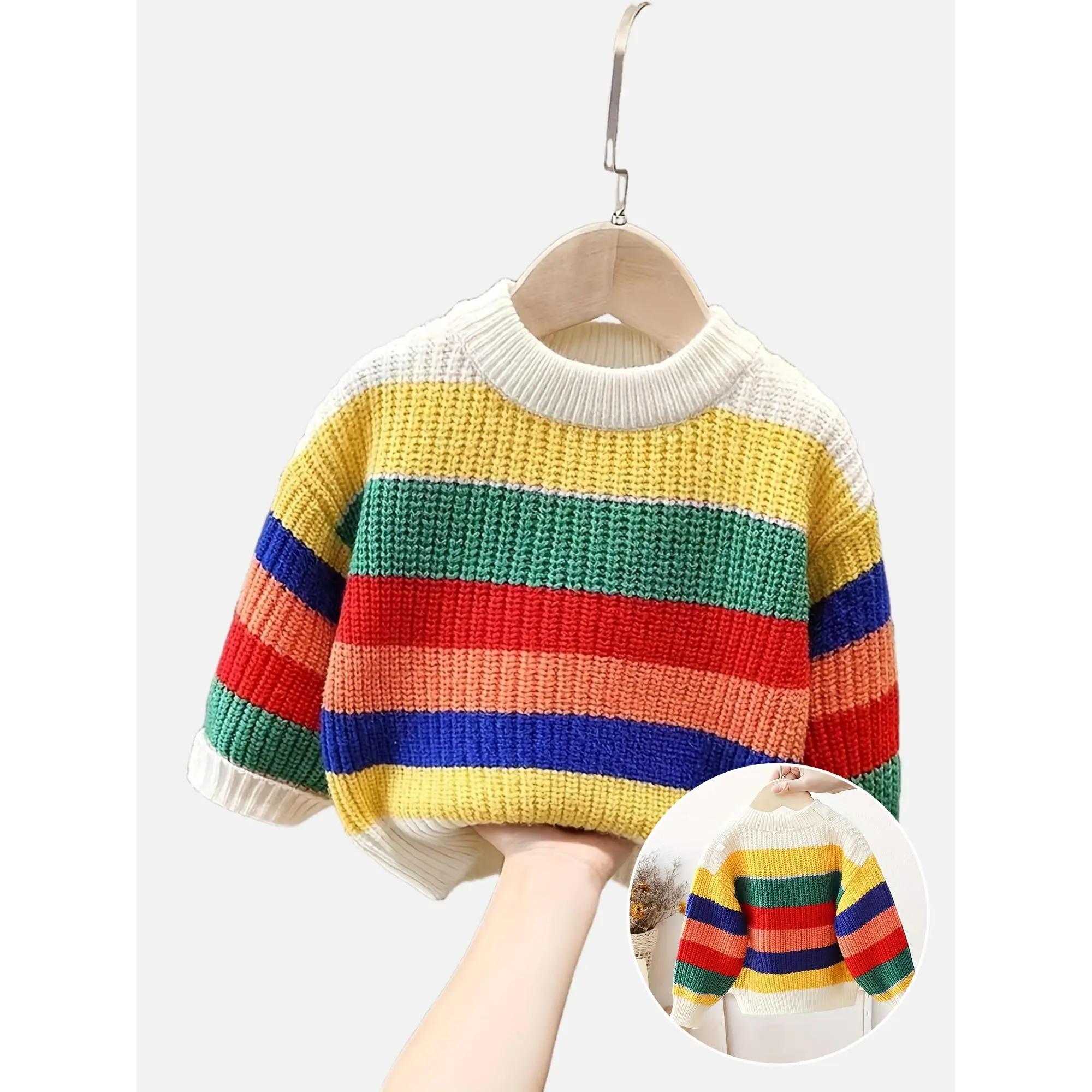 Kids' Unisex Rainbow Stripe Knit Sweater - Durable, Adorable Winter Thick Round Neck Loose Top, Machine Washable, Prop 65 Safe, for Twins, Play & Parties, Sizes 9-12m,4-5y,5-6y, Easy to Wear, Boys & Girls Tops, Siblings, Family Gathering, Boys And Girls