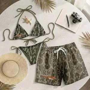 [Hot Summer 2026] - Matching Couple Swimwear Set Olive Camo Bikini and Hawaiian Shorts Beach Fit