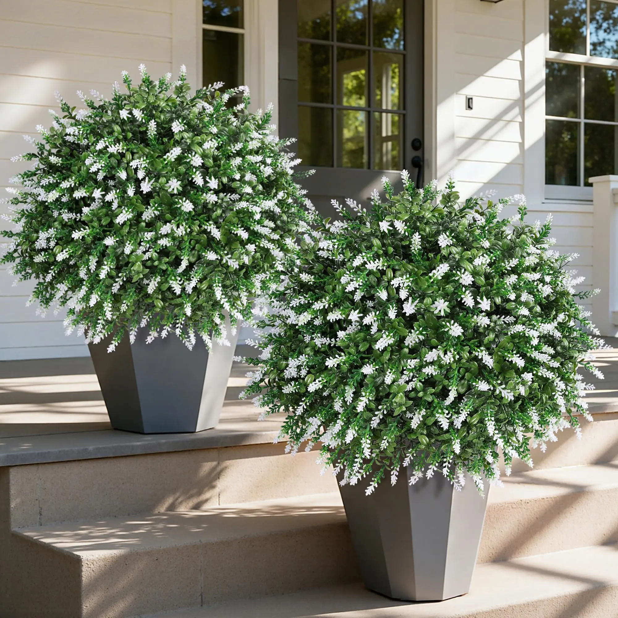 Ivydale 26'' Artificial Topiary Boxwood Ball Trees with Lavender 2 Pack Fake Plants for Outdoor Indoor Artificial Shrubs with Ground Spike UV Resistant Fake Bushes for Front Porch Garden (White)