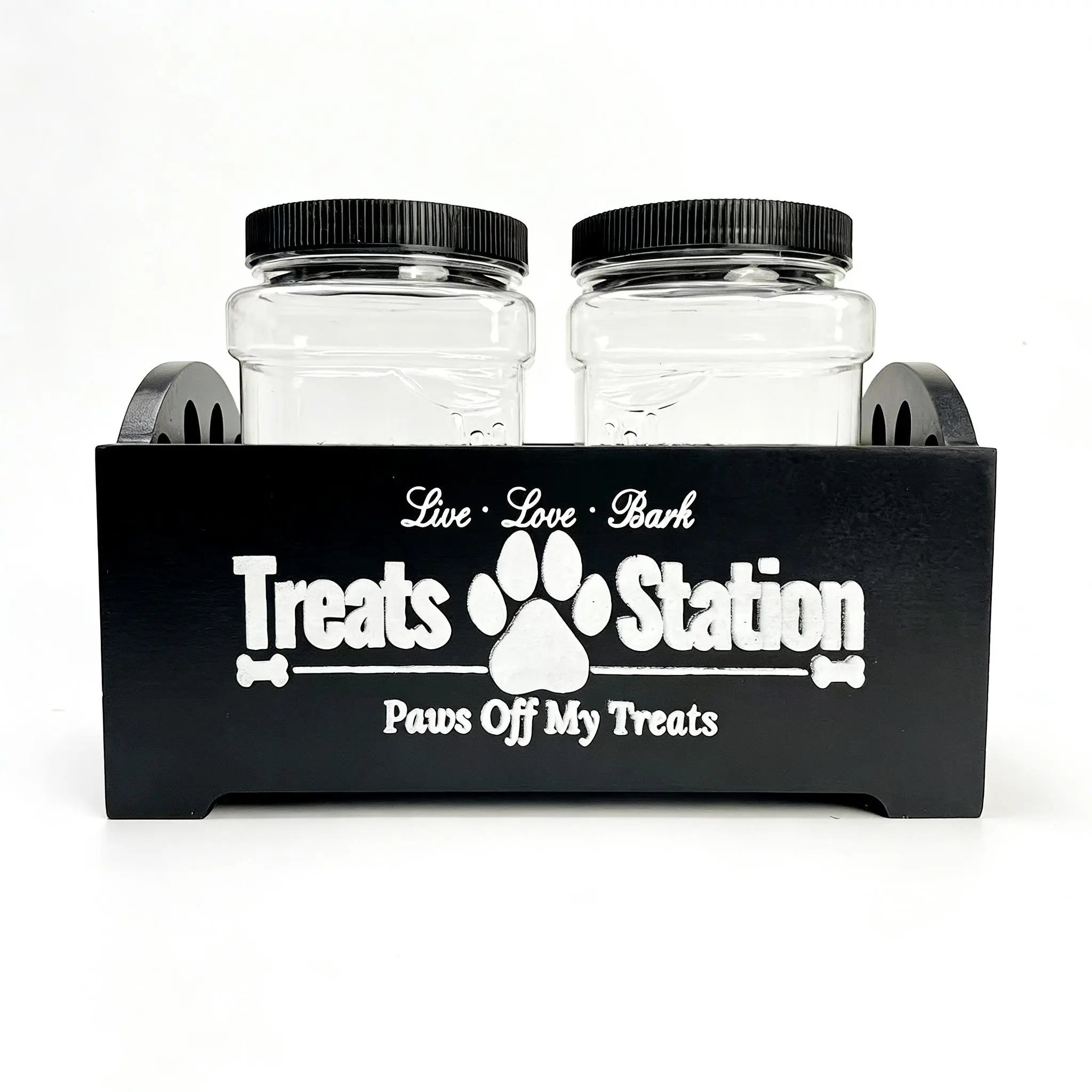 【AURA & ISLE】Large-Capacity Wooden Pet Food Storage Set - Retro Design, Dog Treat Rack, 2 Spacious Jars for Organized, Easily Accessible Pet Feeding Supplies with Versatile Use, Ample Space