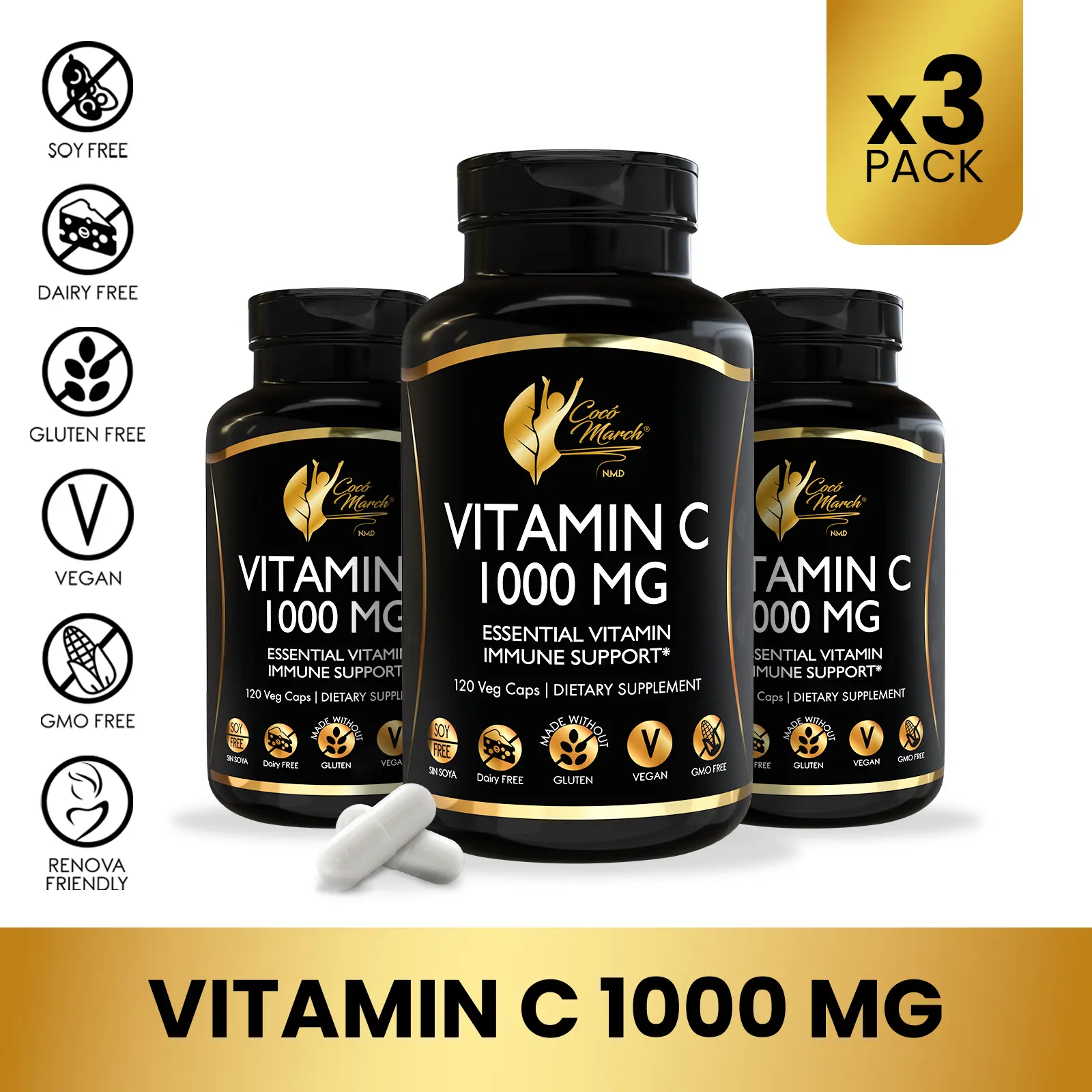 3 Bottles of Cocó March N.M.D Vitamin C 1000 MG Dietary Supplement, Immune Health Support Wellness Supplement - 360 Capsules per Pack