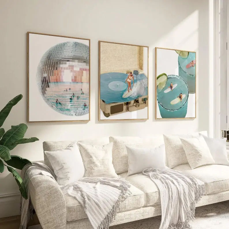Coastal Groove Set of 3 disco beach surf print, retro summer, trendy coastal aesthetic, beach print, funky collage art, PRINTABLE WALLART