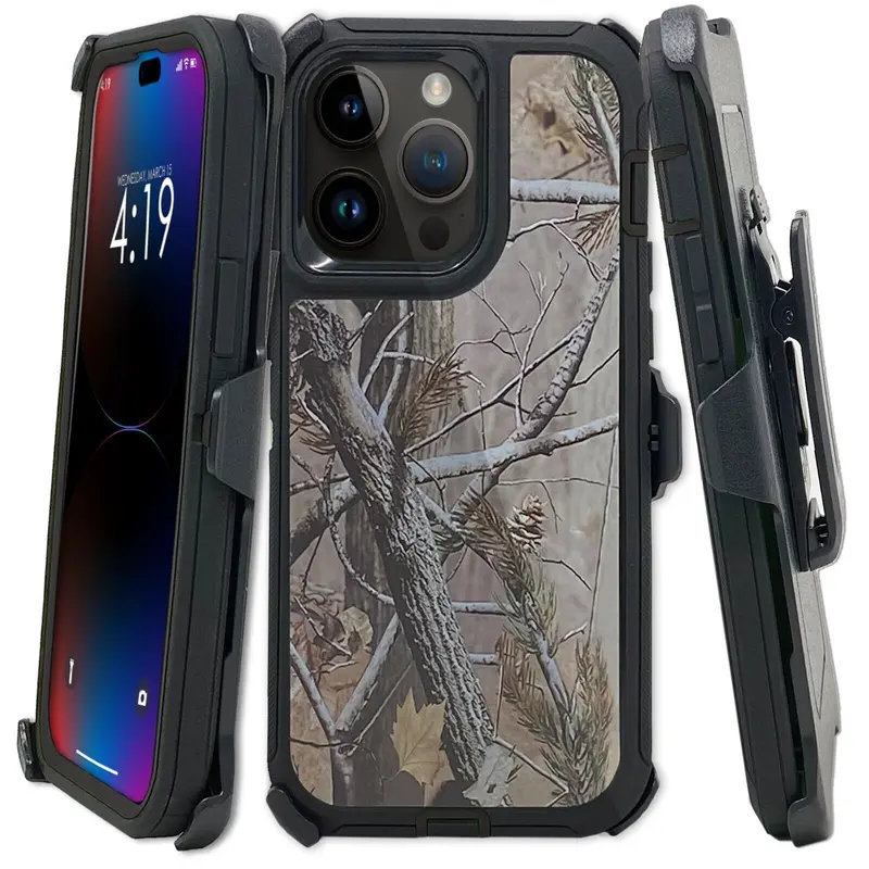 Black Tree Rugged Defender Case Cover For Apple iPhone 18 / 17 / 17E / 16 / 16E / 15 / 14 / 13 / 12 / Plus / Pro / Pro Max / Shockproof Heavyduty Protection cover With Belt Clip Phonecase Protector