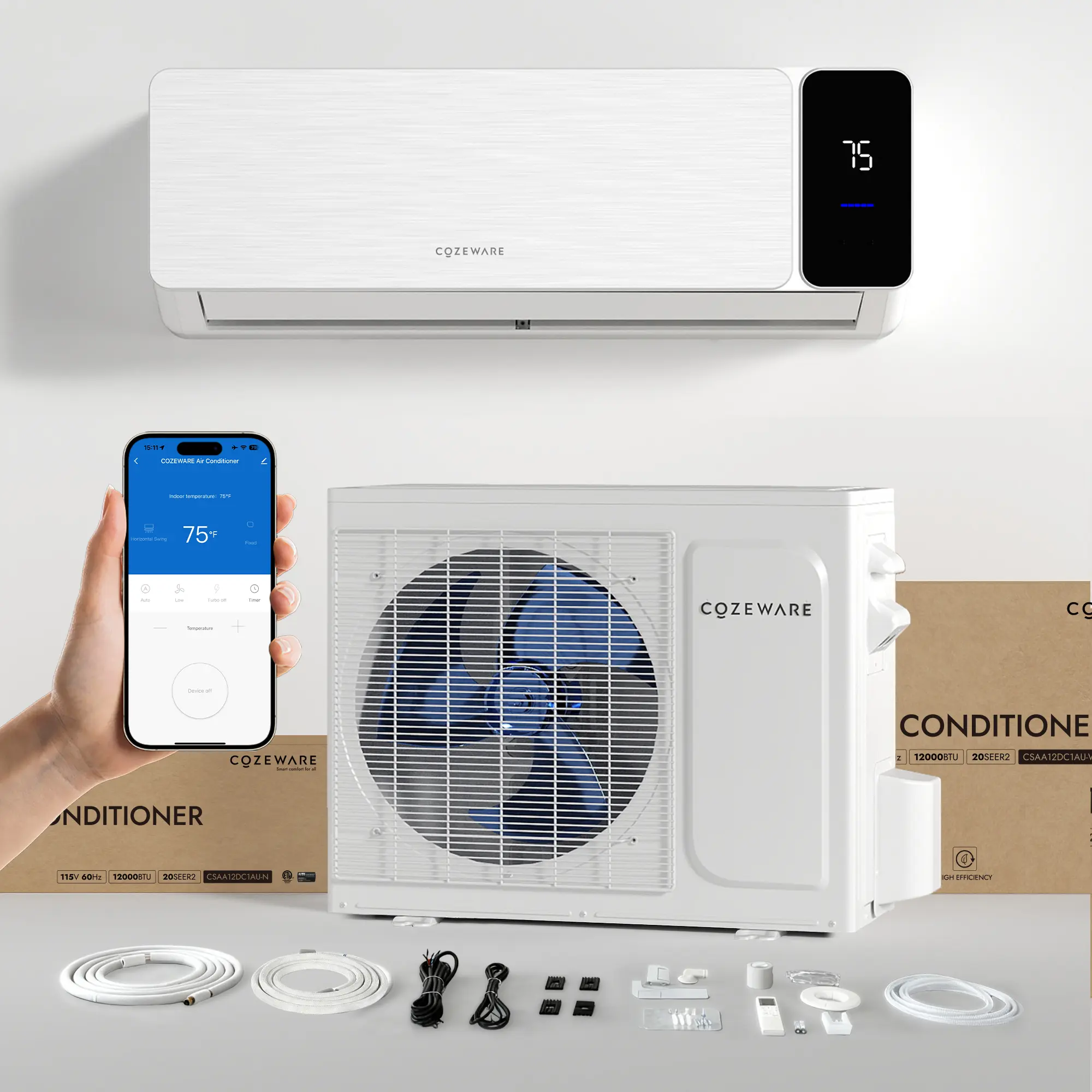 test-indoor-Cozeware 12000 BTU 115V Mini Split Air Conditioner Heat Pump, 20 SEER2 Inverter Mini Split, Compatible with Wifi and Alexa, Cools Up to 750 Sq.Ft for Living Room, Bedroom, Study, Loft, Garage