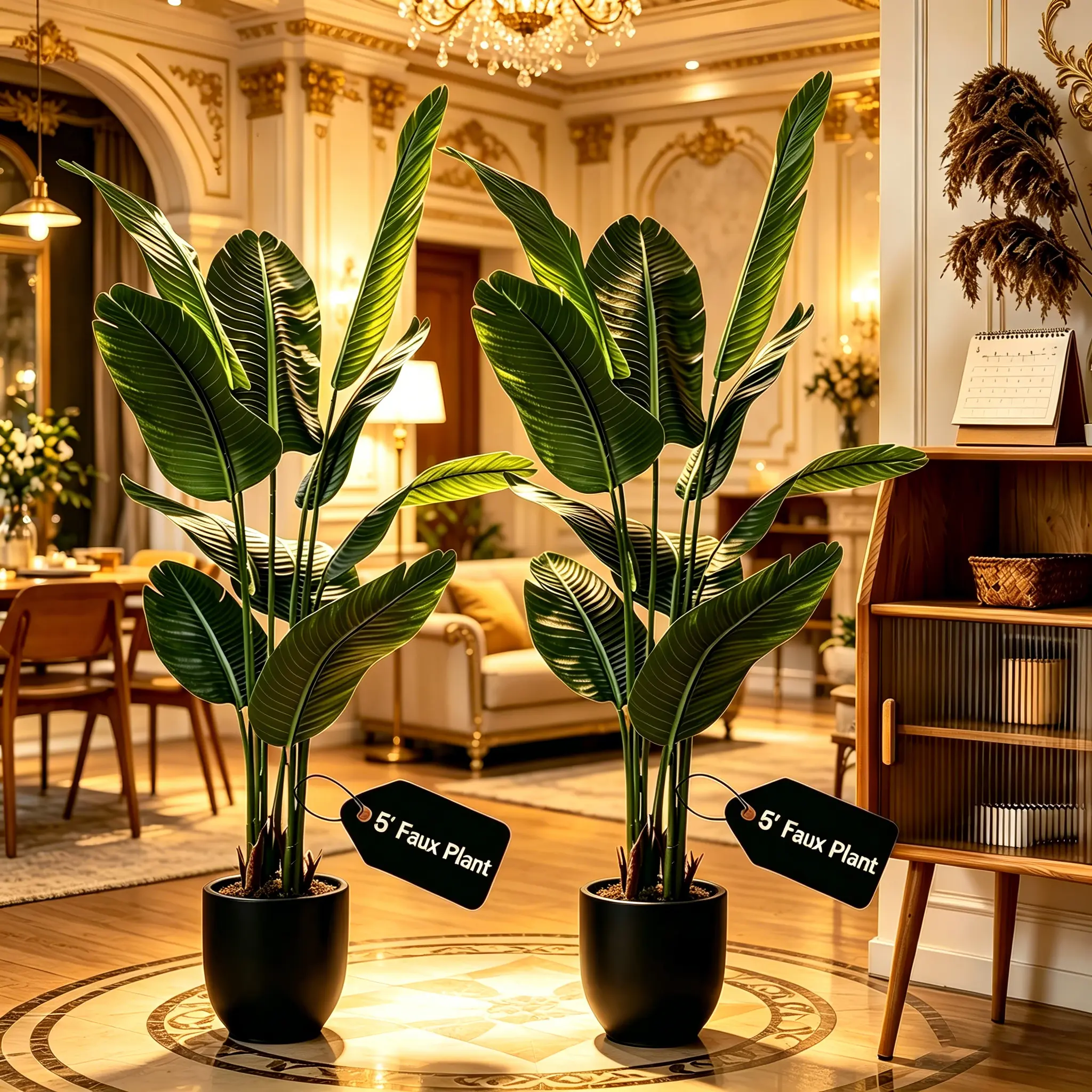 2-Pack 5FT PVC Vinyl Artificial Bird of Paradise Decorative Plants, Faux Tropical Palm Tree with Black Pot, Low-Maintenance Evergreen Plant Decor for Living Room Home Office