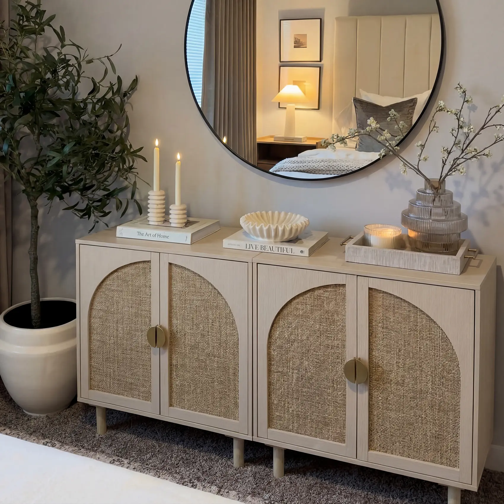 Oakault Set of 2 Rattan Sideboard Buffet Cabinet with Storage, Wood Storage Cabinet with Doors and Shelves, Boho Cabinet for Living Room, Kitchen, Entryway (Beige) sohochic