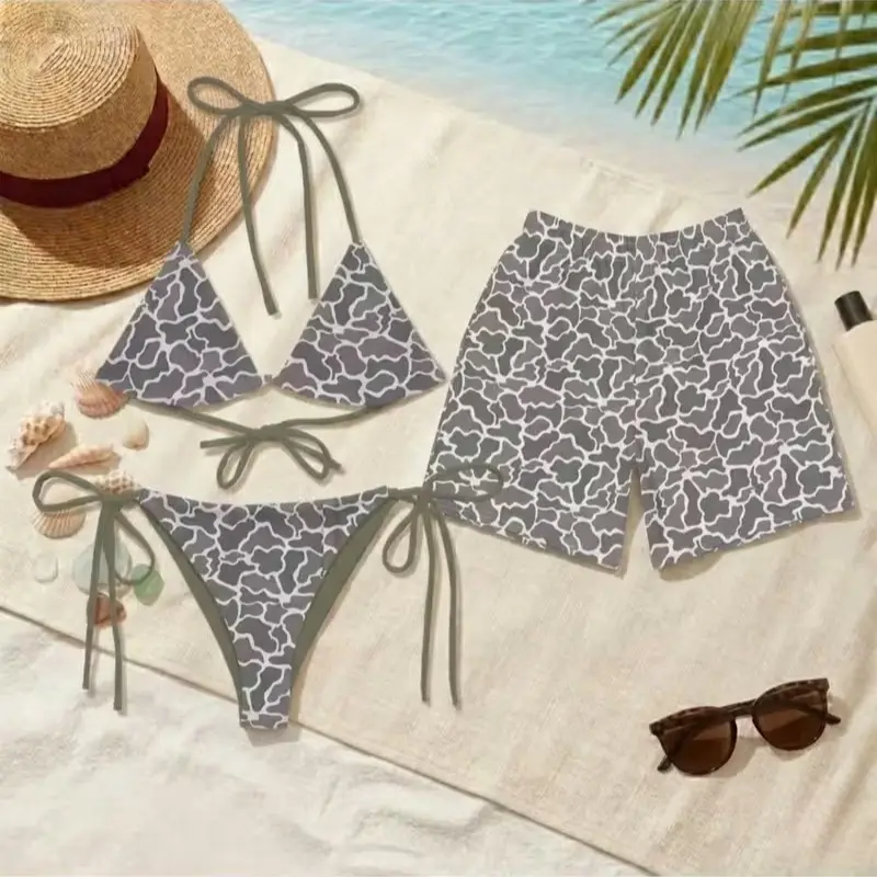 Duck Camo Matching Couple Swimwear Set, Women’s Bikini Two Piece & Men’s Shorts, Camouflage Beach Outfit, Summer Vacation Gift