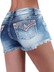 Women's  Mid-High Waisted Jean Shorts Ripped Cutoff Denim Shorts Stretchy Summer Denim Shorts Womenswear