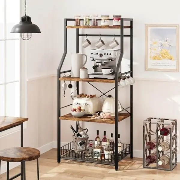 GARVEE 4 Tier Kitchen Baker’s Rack with Storage Shelves,Industrial Microwave Oven Stand with Metal Basket,Spice Rack & Hooks,Freestanding Utility Storage Shelf for Kitchen,Dining Room, or Living Room