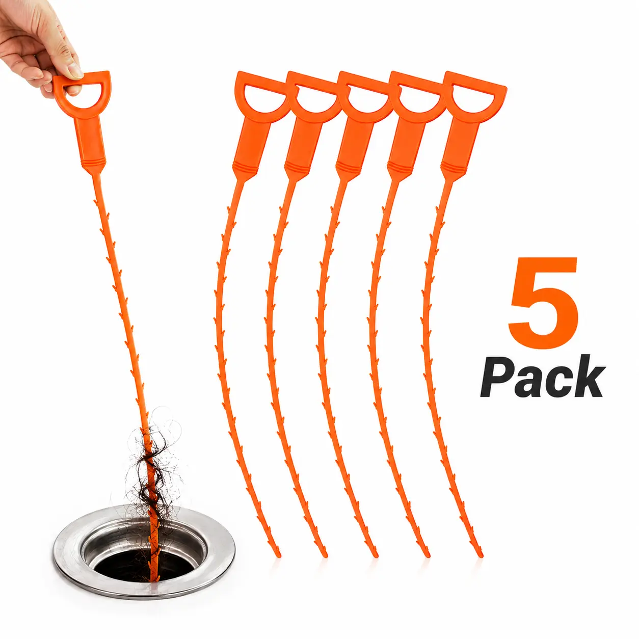 20 in Barbed Edges Drain Snake Clog Remover, 5-Pack Flexible Plastic Long Reach Strong Material Tool for Bathroom Sink, Shower - Easy Cleaner for Kitchen Pipes