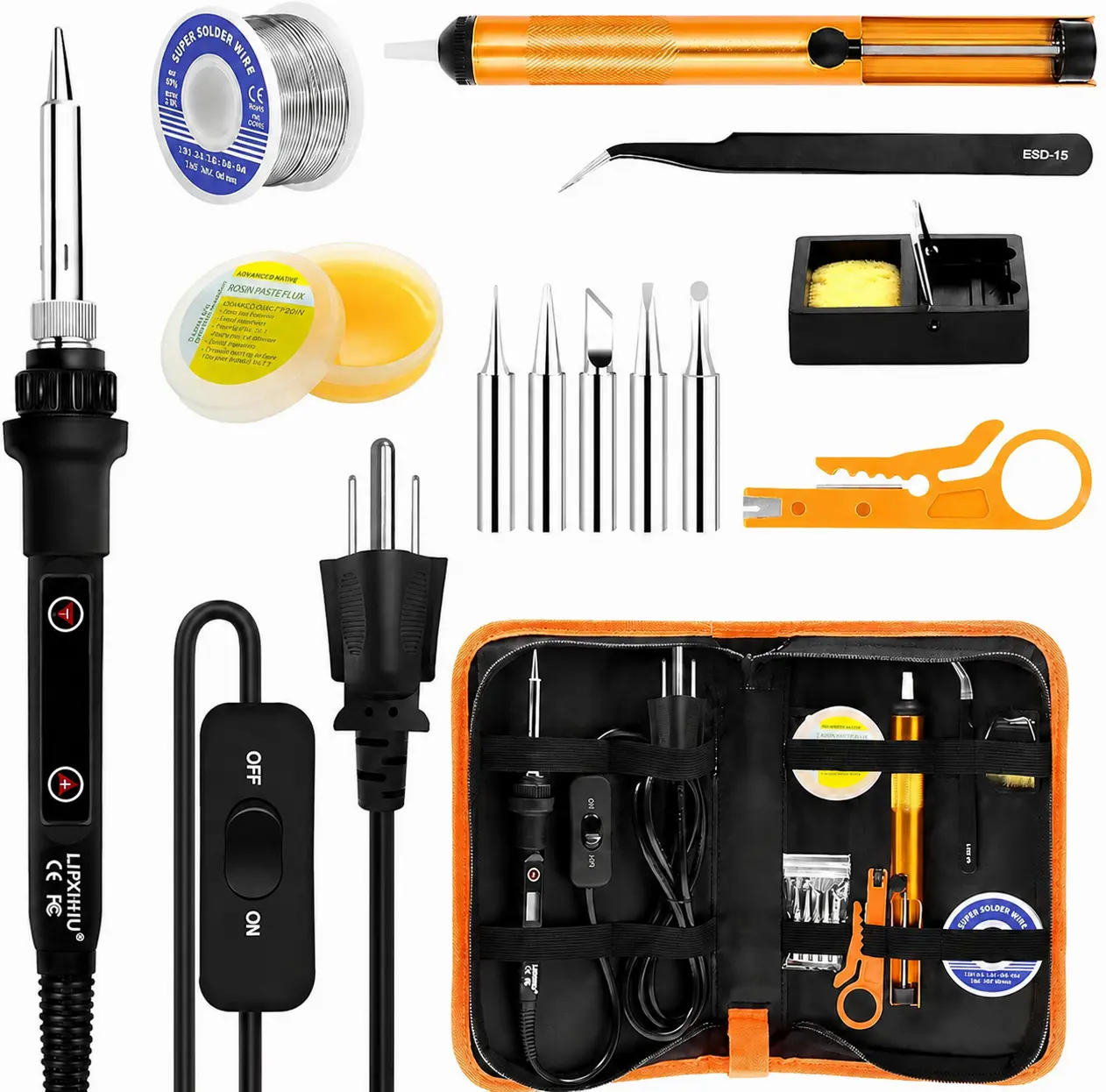 80W LCD Adjustable Temperature (180-520℃) Soldering Iron Kit, 13-in-1 Electronics Welding Repair Tools with ON/OFF Switch, Solder Wire, Flux, 5 Soldering Tips, Desoldering Pump, Stand, Tweezers