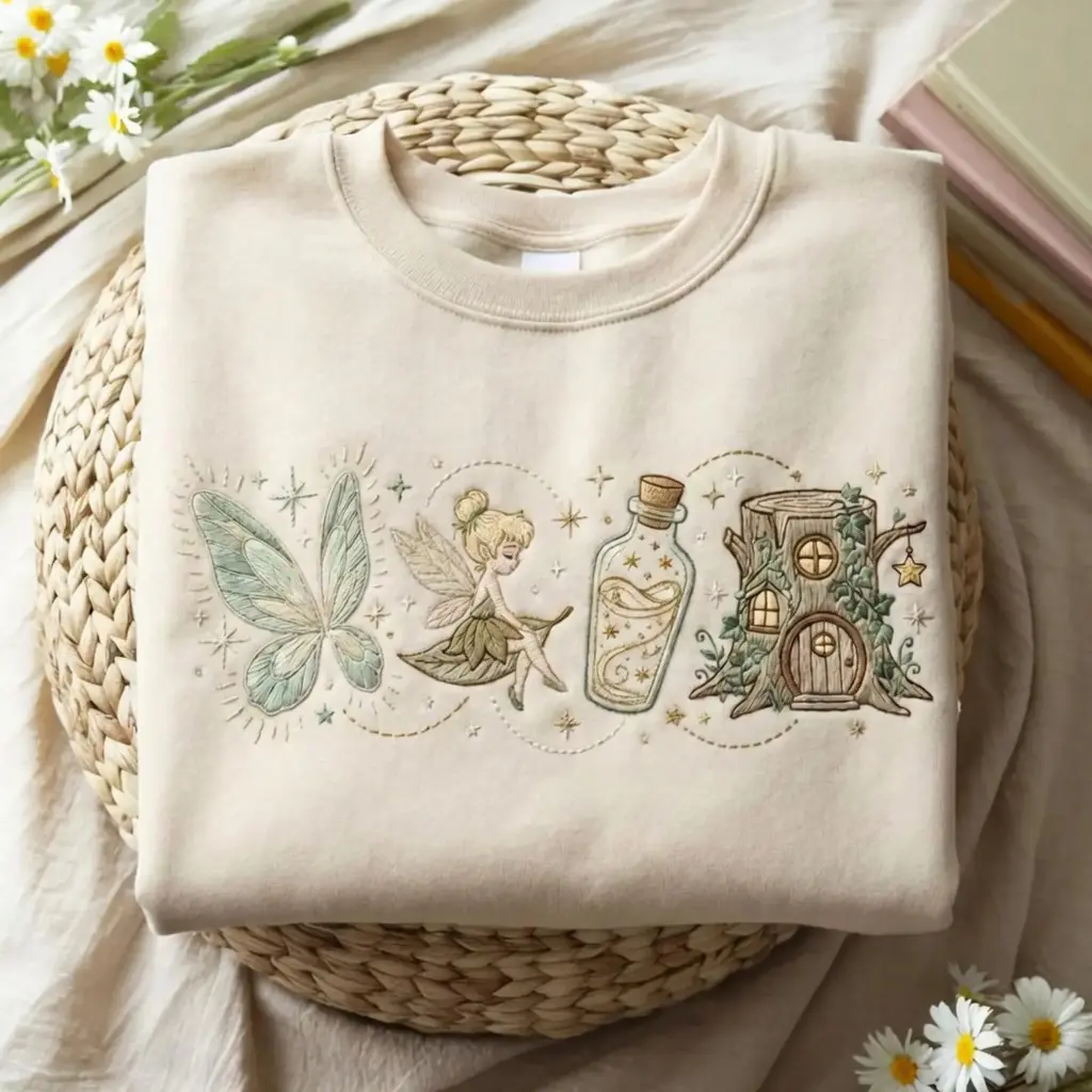 Vintage Tinker Bell Embroidered Sweatshirt, Neverland Fairy Magic Kingdom Crewneck, Whimsical Fantasy Pullover for Women, Magical Vacation Gift, Cozy Princess Inspired Shirt
