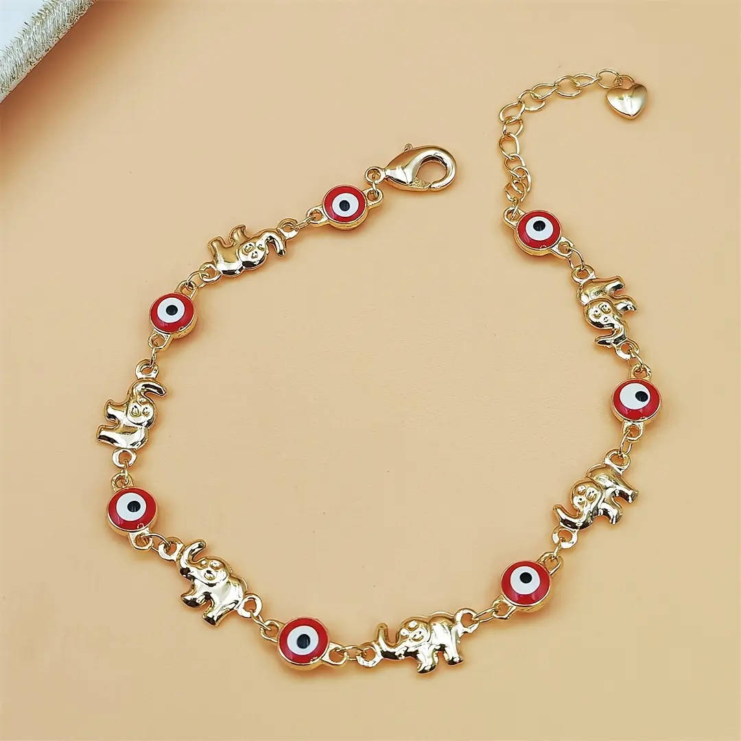 Ethnic Elephant Charm Bracelet for Women, Bohemian Animal Jewelry with Red Eye, Adjustable Gold-Tone Chain, Trendy Mother's Day Gift, Trendy Fashionable Accessories, Female