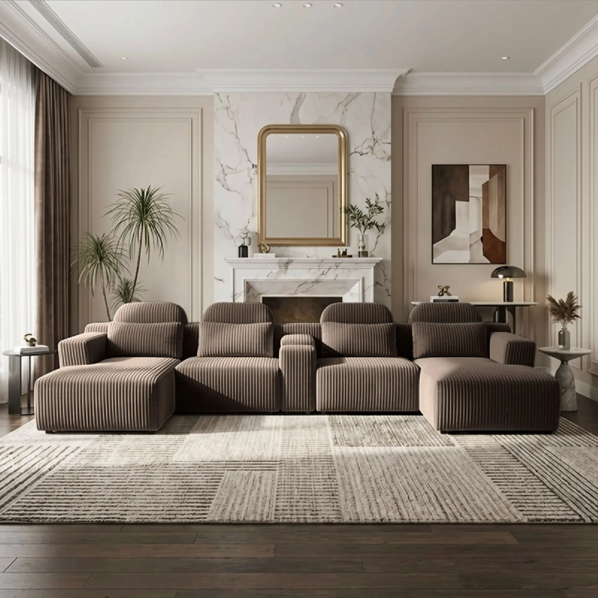 U-Shaped Modular Sectional Sofa Set - 6-Seater 3-Piece Corduroy Comfy Couch, 145.70x59.10x34.60in/37.6×13.6×13.1in, 172.00 lbs, Chaise Lounge, Built-in Cup Holders, Hidden Storage, High Resilience Foam, Assembly Required (Black/Coffee/Gray)