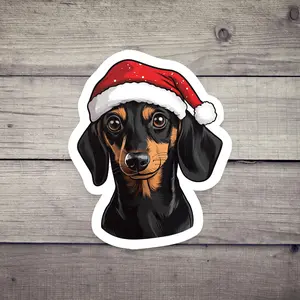 Dachshund Santa Hat Sticker Holiday Dog Decal, Christmas Vinyl Sticker Holiday Laptop Decal