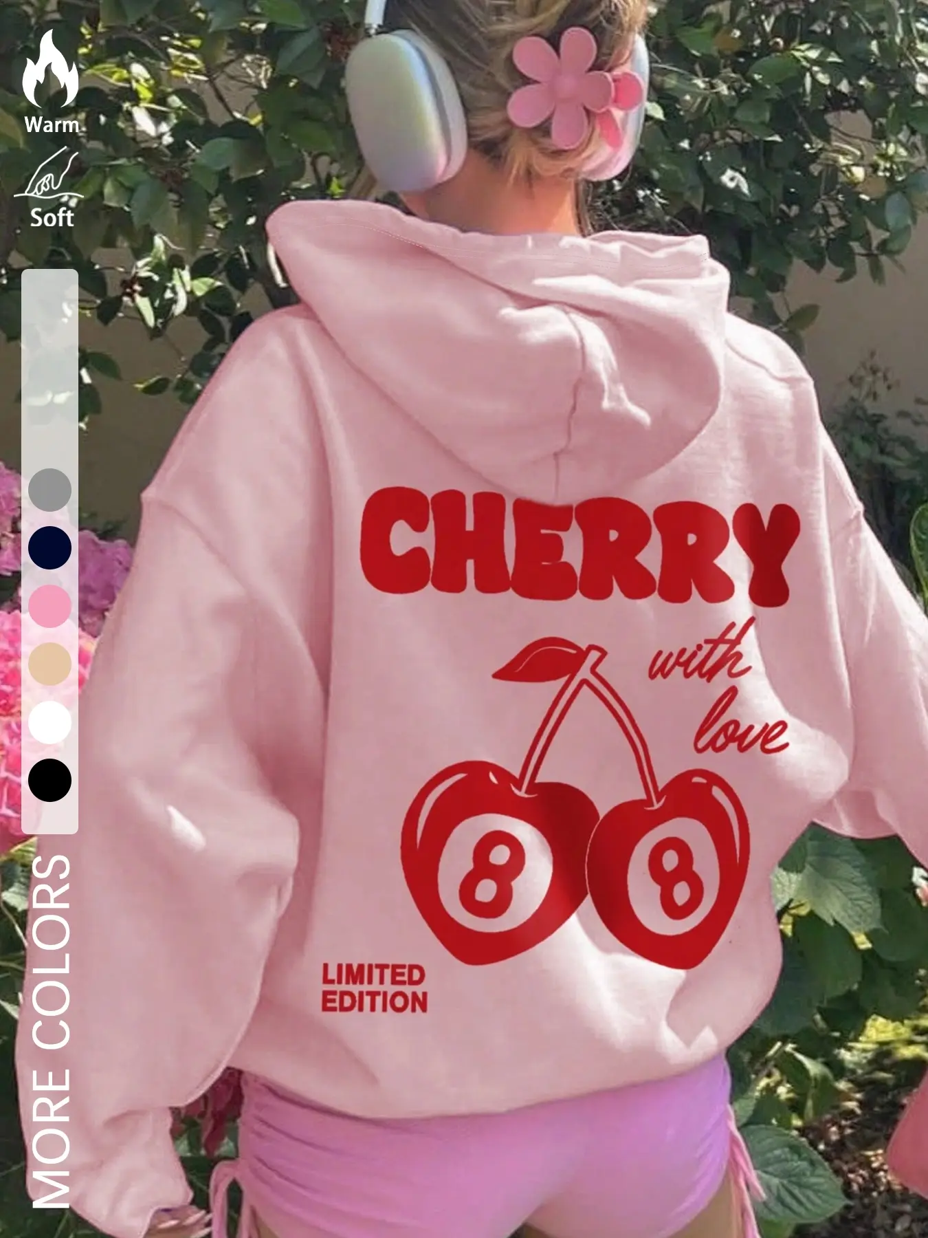 Women's Cherry CHERRY Print & Letter Print Regular Edition Drawstring Graphic Print Pullover Hoodie Sweatshirt, a Casual Basic Long-Sleeved Top Fitted Suitable for Autumn and Winter, For Everyday Womenswear, Casual Sweatshirt Tops