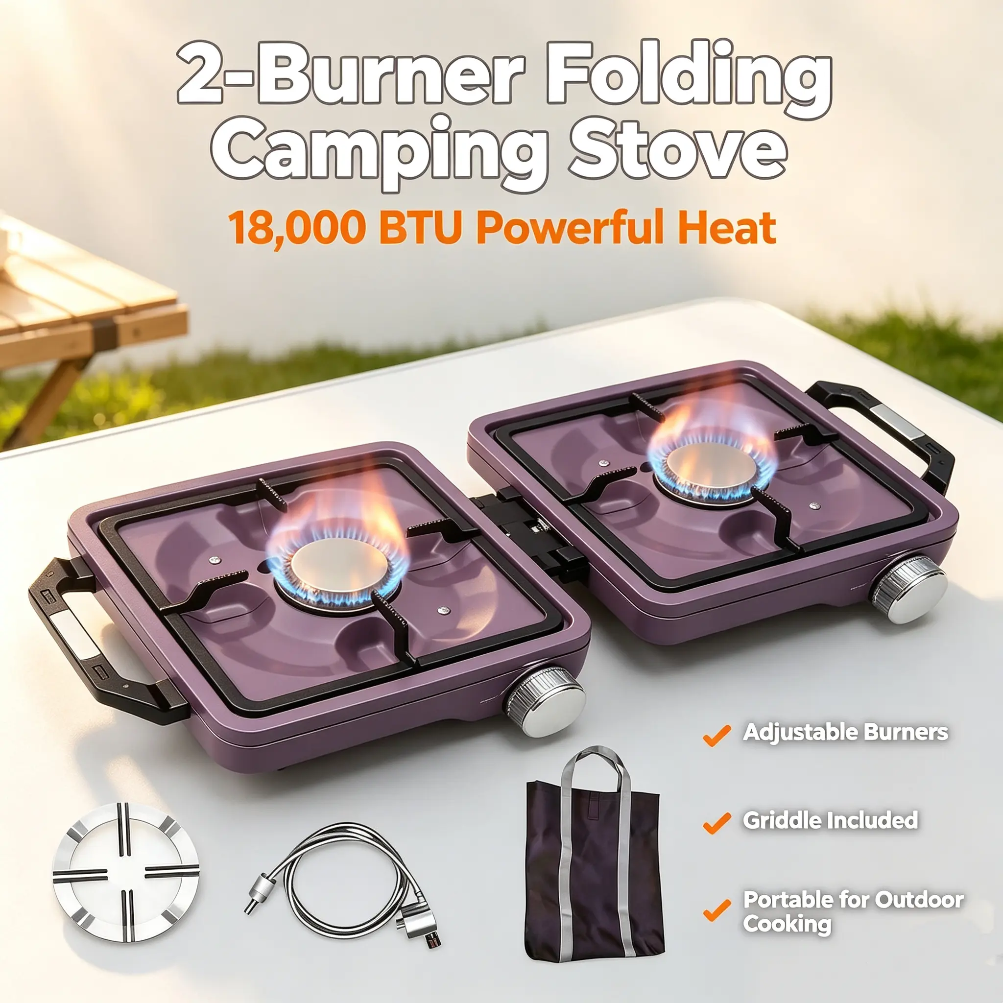 2-Burner Folding Camping Stove with Griddle 18000 BTU Portable Gas Stove Adjustable Burners Cooking Accessories Outdoor Cooking Hiking and Summer Picnic # picnic cooker perfect outdoor cooking supply barbecue grill propane gas grill outdoor bbq