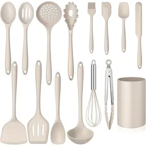 15-Piece Kitchen Cooking Utensils Set with Holder, Homikit Heat Resistant Food Grade Silicone Kitchen Utensils include Slotted Spatula Ladle Turner for Nonstick Cookware, Dishwasher Safe- Khaki