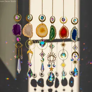 Boho Agate Slice Crystal Suncatcher, Home Decor Accessory with Moon & Sun Charms for Sports & Outdoor Themed Spaces