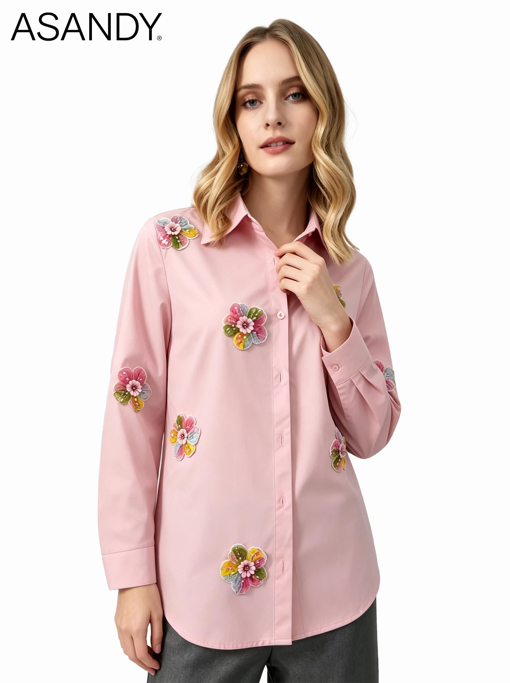 ASANDY Women's Collared Long-Sleeves Top, Pink Button-Down Shirt with 3D Floral Sequin Embroidery, Elegant Casual Blouse for Work & Everyday Wear tiktokshopspringglowup,summervibes